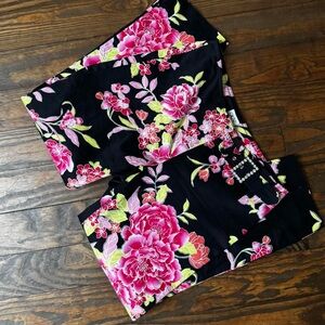 Caché Black floral high-waisted straight-leg pants with pink accents